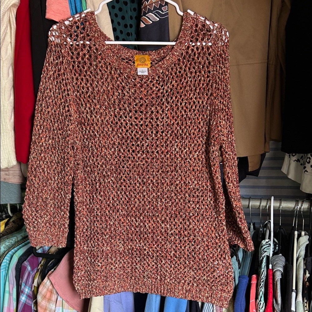 Ruby Rd. Open-Knit Copper Rust Crewneck Sweater